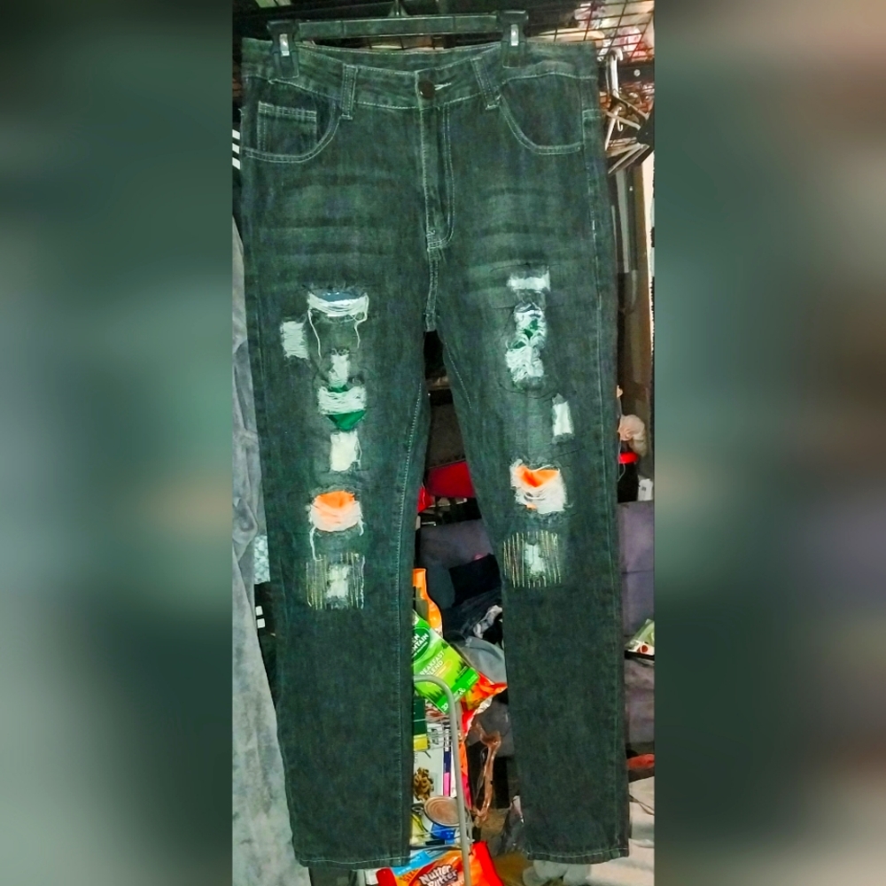 Men's Distressed Black Straight Leg Jeans